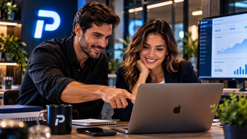 Dupla trabalhando diante de um notebook e de um painel com gráficos, em escritório com a marca P da Perfeitto ao fundo.