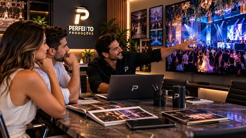 Equipe apresenta um evento de casamento em um telão para um casal, na sala da Perfeitto Produções.